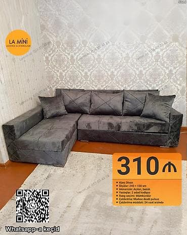 Künc divan, Açılan, Bazalı, Vеlur parça, Şəhərdaxili pulsuz çatdırılma