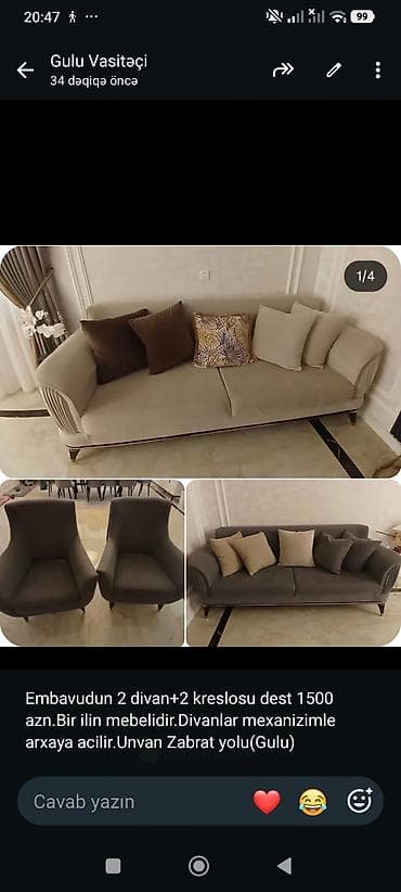 Embavudun 2 divan+2 kreslosu dest 1500 azn.Bir ilin mebelidir.Divanlar lalafo.az -da Embavudun 2 divan+2 kreslosu dest 1500 azn.Bir ilin mebelidir.Divanlar