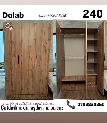 Dolab – 3 qapılı, ağac teksturalı korpus və qara tutacaqlar. Ölçü