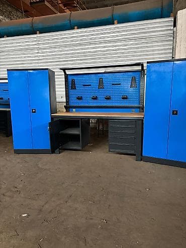 Metall ustaxana dəsti – iş stolu, perforasiya paneli və iki ədəd şkaf — 2