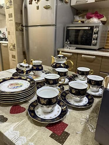 Çay dəsti, rəng - Göy, Farfor, 6 nəfərlik