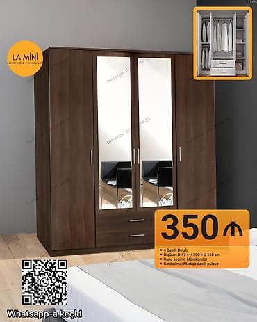 4 qapılı, Güzgülü, Rəngli, Taxta, Açılan, Düz dolab