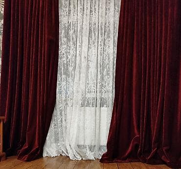 Bordo məxməri pərdə dəsti - Material: qalın məxməri əsas pərdə -