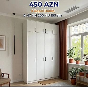 seyf qapi: 4 qapılı ağ dolab Ölçülər: - Dərinlik: 47 sm - Hündürlük: 250 sm - — 1