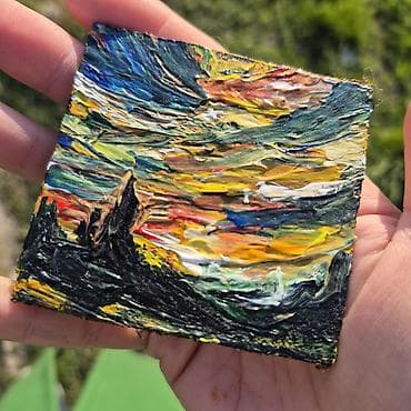 Velosiped ehtiyyat hissələri: Mini yağlı boya tablo – abstrakt landşaft - Texnika: qalın impasto — 3