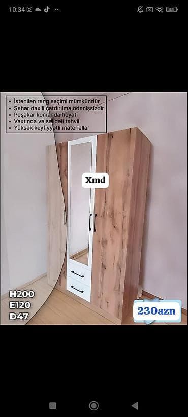 şkaflar ucuz: Üç qapılı paltar şkafı – güzgülü model - Ölçülər: H200 x E120 x D47 — 1
