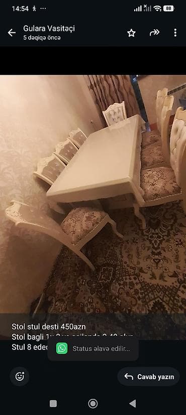 stol və stullar: Stol stul desti 450azn Stol bagli 1× 2 ye acilanda 2.40 olur Stul 8 — 1