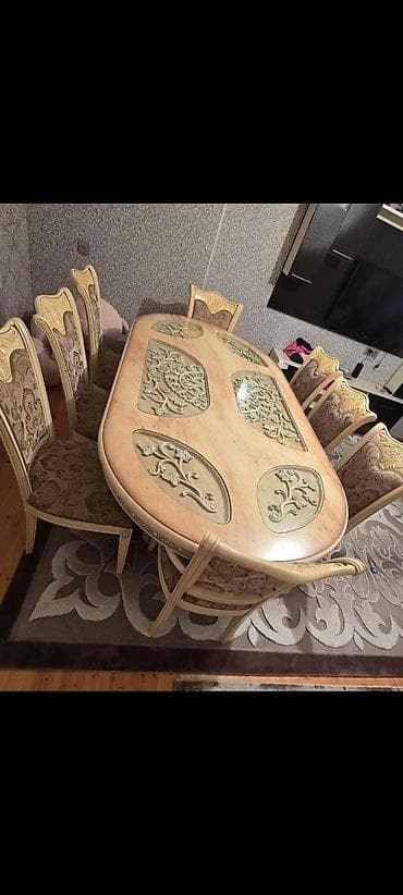 masa ve oturacaqlar: Qonaq otağı üçün, İşlənmiş, Dördbucaq masa, 8 stul — 1