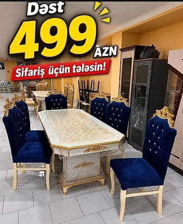 iwlenmiw masa: Yemək dəsti – 6 stul + 1 masa - Dəbdəbəli klassik dizayn: qızılı — 1