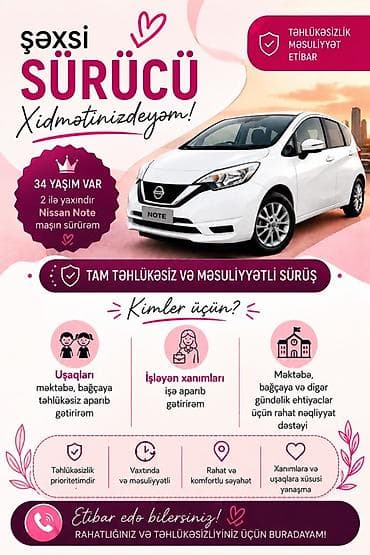 tib isi: Şəxsi sürücü, 34 yaş, stajı 2 il, Şəxsi nəqliyyat vasitəsi ilə — 1