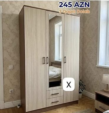 3 qapılı paltar dolabı - Model: 3 qapılı dolab, mərkəzdə güzgülü qapı