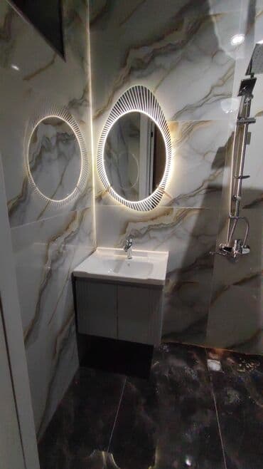 Santexnika: Bu dəstə divara quraşdırılmış lavabo dolabı, güzgü, unitaz və duş — 1