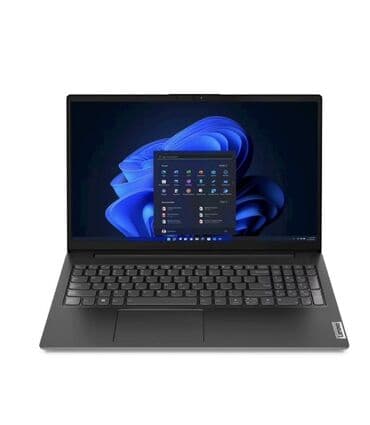 lenovo notebook qiymeti: Lenovo noutbuk – incə çərçivəli 15.6" ekranlı, qara korpusda. Ekran — 1