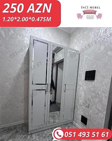 Yeni, 3 qapılı, Güzgülü, Boz, Digər material, Açılan, Düz dolab