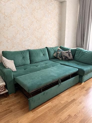 lalafo yazı masası: Yaşıl məxmər dəst – qonaq otağı üçün masa-stul və künc divan - Yemək — 4