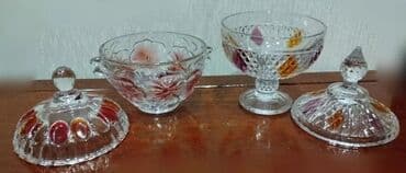 dekor qablar: Şirniyyat qabları dəsti – kəsimli şüşə, rəngli dekorlu - 2 ədəd — 7