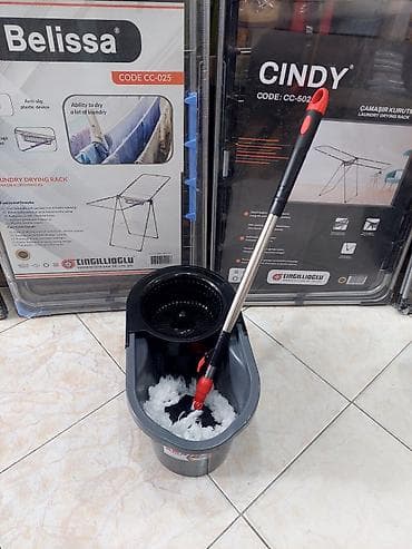 Döner başlı spin mop dəsti – vedrə və paslanmayan teleskopik sapla -