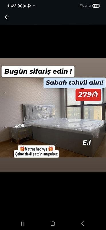 Müasir dizaynlı çarpayı və tumba dəsti - Rəng: boz - Yumşaq başlıq — 1