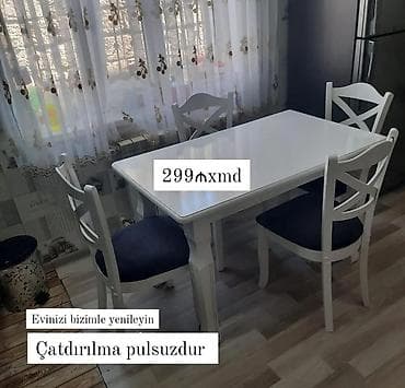 Ağ rəngli mətbəx/stol dəsti – 1 stol + 4 stul - Zərif, klassik dizayn; lalafo.az -da Ağ rəngli mətbəx/stol dəsti – 1 stol + 4 stul - Zərif, klassik dizayn;