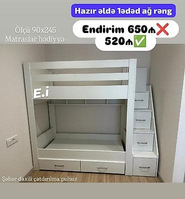 İki mərtəbəli çarpayı – ağ rəng - Ölçü: 90x245 - Rəng: ağ - Material — 1