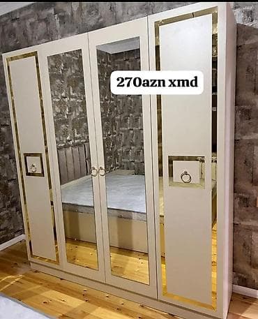 asm mebel: Dörd qapılı paltar dolabı - Rəng: krem tonları, qızılı dekor xətləri — 1