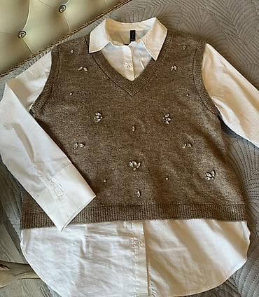 qadın geyimi: AMISU brendi qadın köynək + jilet dəsti - Stil: Ağ klassik yaxalıqlı — 1