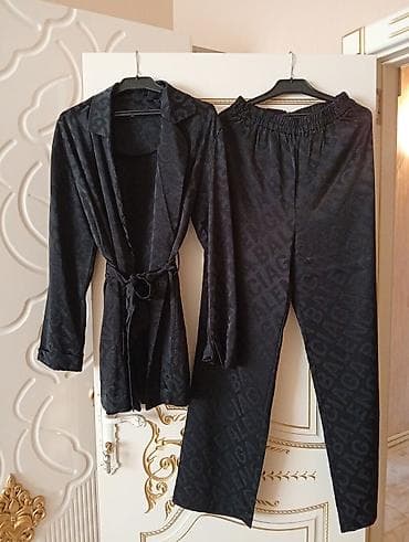 Qadın geyimləri: Qadın pijama stildə şalvar + kimano dəsti – qara rəng, atlas parça - — 1