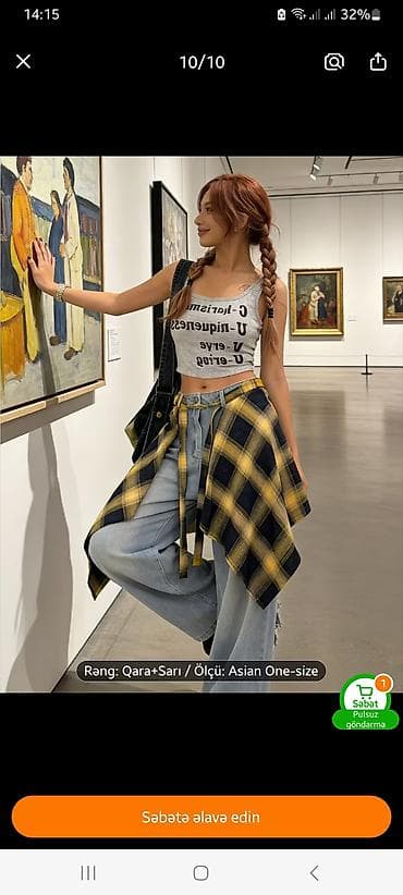 kolej jaket: Qara-sarı rəngli, oversize üslubda dama naxışlı şalvar üstü aksesuar — 1