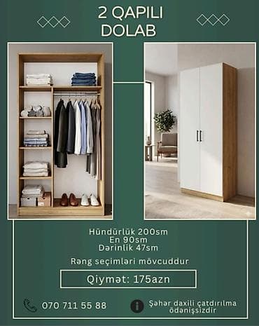 ayaqqabı dolabı tap az: 2 qapılı geyim dolabı - Ölçülər: hündürlük 200 sm, en 90 sm, dərinlik — 4