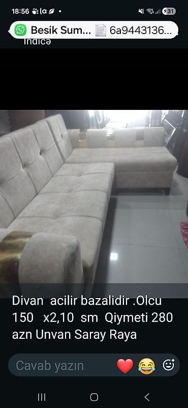 sarlar: Künc divan – açılır və bazalı model. - Ölçü: 150 x 210 sm - Rəng: açıq — 1