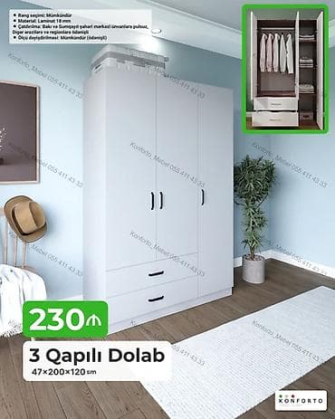 3 qapılı geyim dolabı Ölçü: 47×200×120 sm Material: 18 mm laminat — 1
