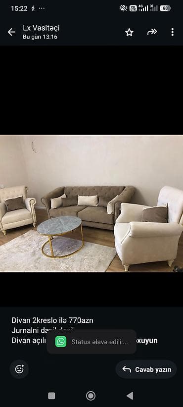 Divan 2kreslo ilə 770azn Jurnalni daxil deyil Divan açılır ela