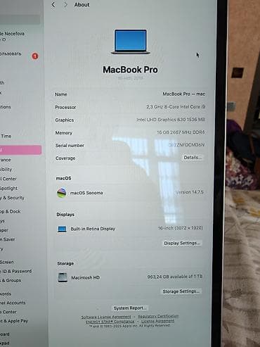 İşlənmiş Apple MacBook, 16 ", Intel Core i9, 1 TB, Ünvandan götürmə, Ödənişli çatdırılma