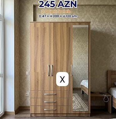 3 qapılı paltar dolabı Ölçülər: Dərinlik 47 sm × Hündürlük 200 sm ×