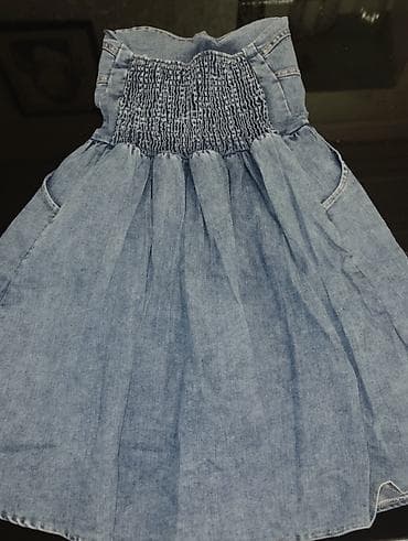 mavi macun: Denim korset kəsimli straplez don - Material: yüngül mavi denim — 2