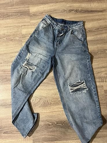 şalvarlar: Geniş kəsimli, daş yuyulmuş effektli mavi džins şalvar. - MateriaI — 2