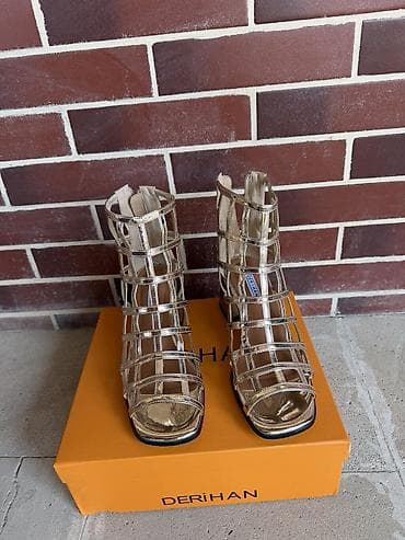 burnu bağlı sabolar: DERİHAN qadın ayaqqabısı – qızılı qəfəs dizaynlı sandalet-bot - — 4