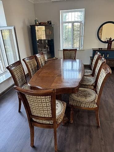 qatlama masası: Qonaq otağı üçün, İşlənmiş, Açılan, Oval masa, 8 stul — 2