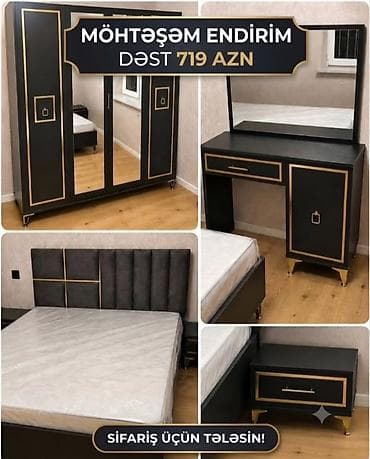 Yataq otağı mebel dəsti – qara və qızılı dizayn Dəst tərkibi: - 4
