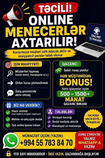 online ingilis dili vakansiya: Satış meneceri tələb olunur, İstənilən yaş, Təcrübəsiz, İşəmuzd ödəniş — 1