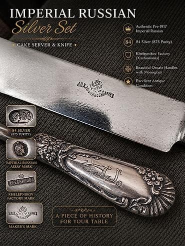 Столовые приборы: Antik İmperator Rus gümüş dəsti — tort lopatkası və bıçaq - Pre-1917 — 4