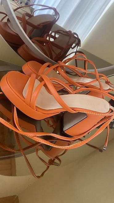sendel: Narıncı rəngli qadın sandaleti - Model: zolaqlı bağlamalı sandal - — 4