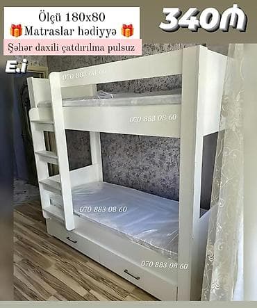 İki mərtəbəli çarpayı – 180x80 sm - Rəng: ağ, minimal dizayn - Yuxarı — 1
