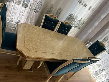 stulla: Qonaq otağı üçün, İşlənmiş, Açılmayan, Dördbucaq masa, 6 stul — 2