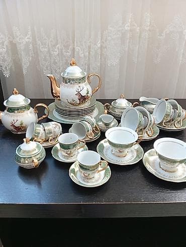 fincan destleri: Çay dəsti, rəng - Yaşıl, Farfor, Çexiya — 1