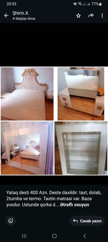 kravat taxt: Yataq desti 400 Azn. Deste daxildir: taxt, dolab, 2tumba ve termo — 1