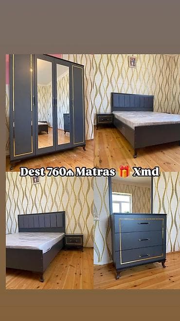 mebeller kreditle: Yataq otağı dəsti – tünd boz rəng, qızılı dekor xətləri ilə Dəst — 1