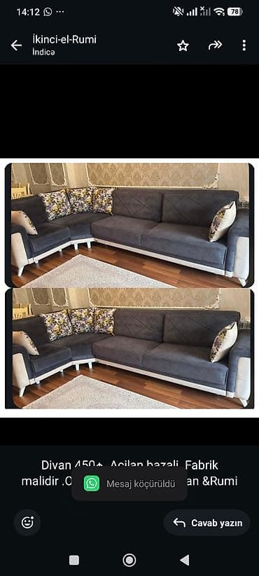 perla mebel qiymet: Divan 450₼ .Acilan bazali .Fabrik malidir .Olcu 2/3 .Unvan Xirdalan — 1