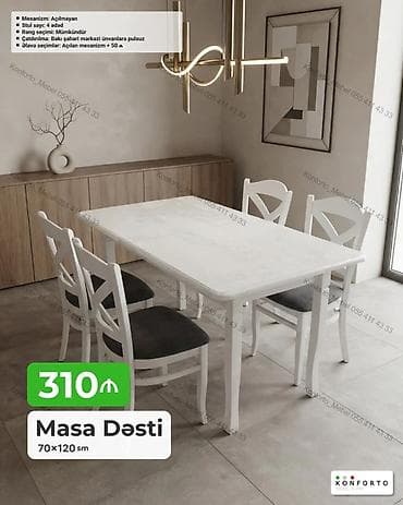 Masa Dəsti – 70×120 sm - Klassik dizaynlı, ağ rəngdə yemək masası və