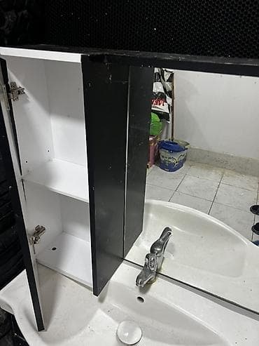 hamam şkafi: Hamam üçün lavabo dəsti - Material: ağ keramika lavabo, qara rəngli — 5